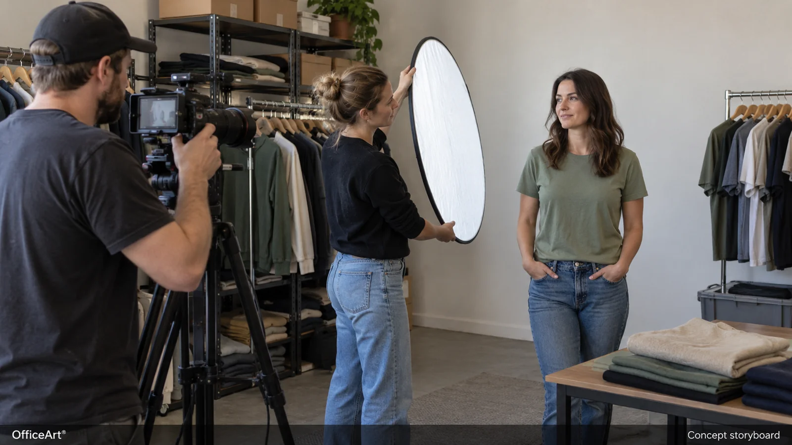AI-generated concept: A boutique-video concept with a camera crew filming a model in a clothing shop