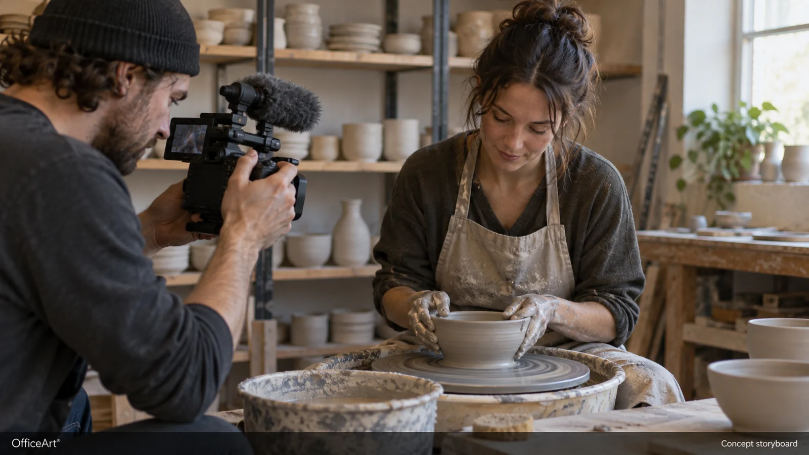 AI-generated concept: A maker-story concept with a camera filming a ceramic artist at work