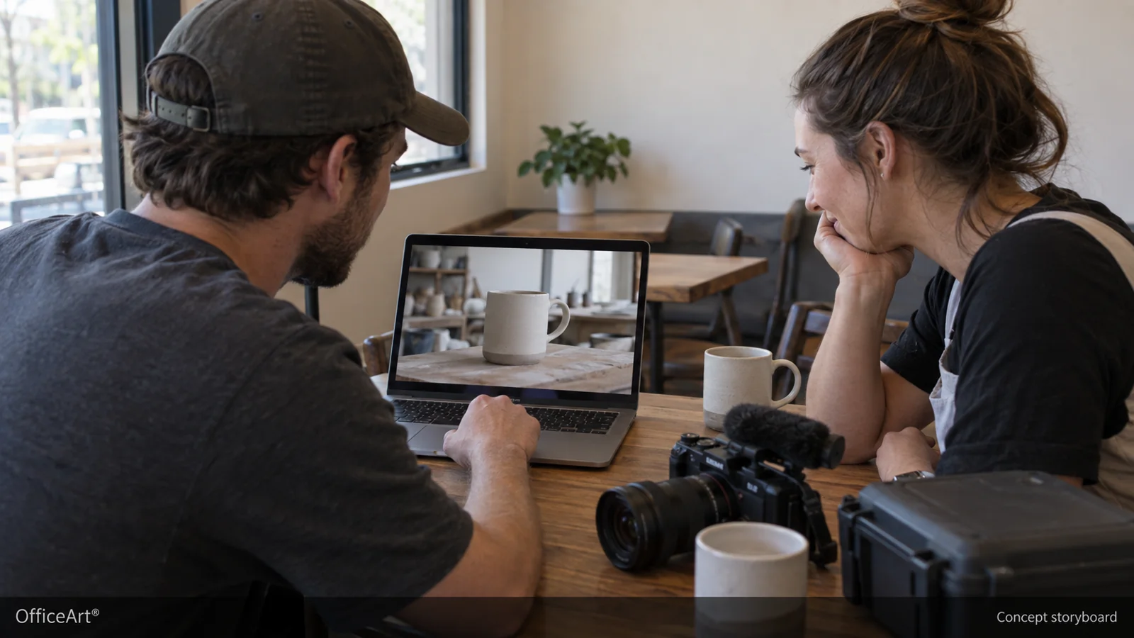 AI-generated concept: A concept scene showing a client and filmmaker reviewing a video on a laptop