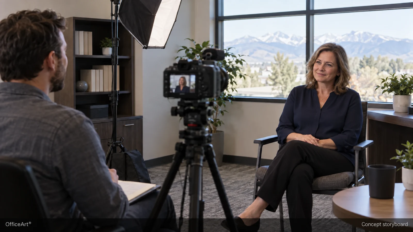 Concept storyboard created with AI: a woman being interviewed on camera in an office with mountain-view windows