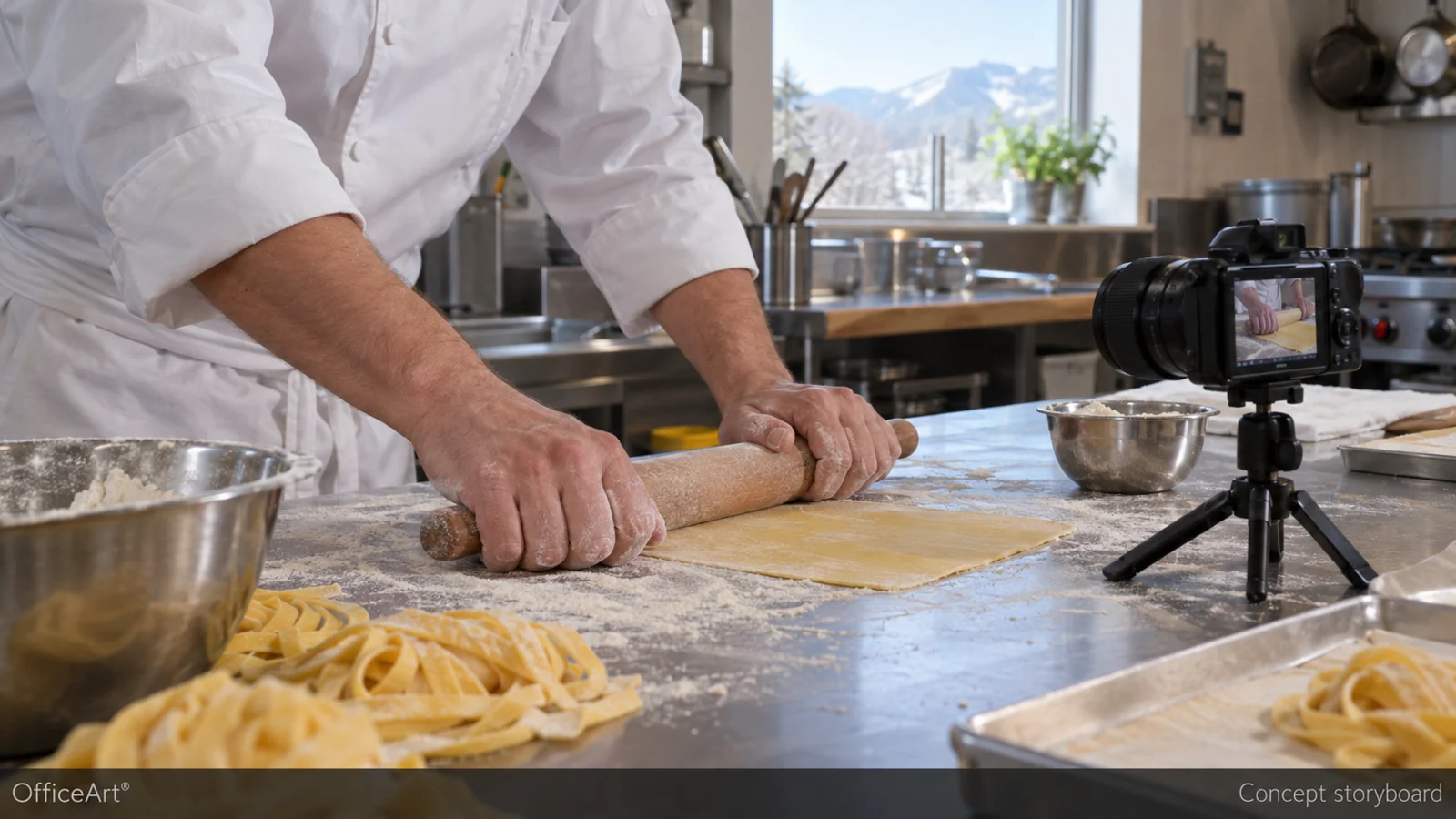 AI-generated concept: A hospitality-video concept with a camera filming a chef preparing fresh pasta