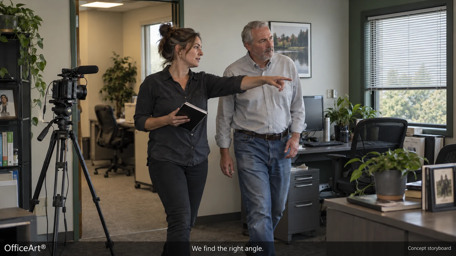 AI-generated concept: A corporate-interview concept showing a filmmaker directing an interview in an office