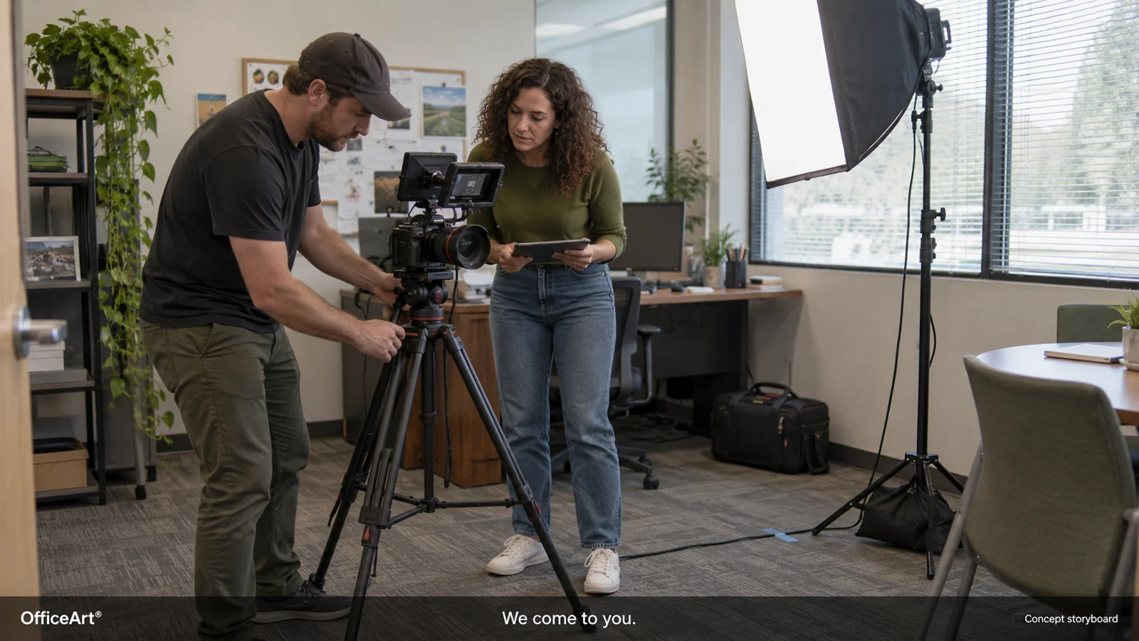 AI-generated concept: A business-video concept showing a camera crew preparing an on-location shoot