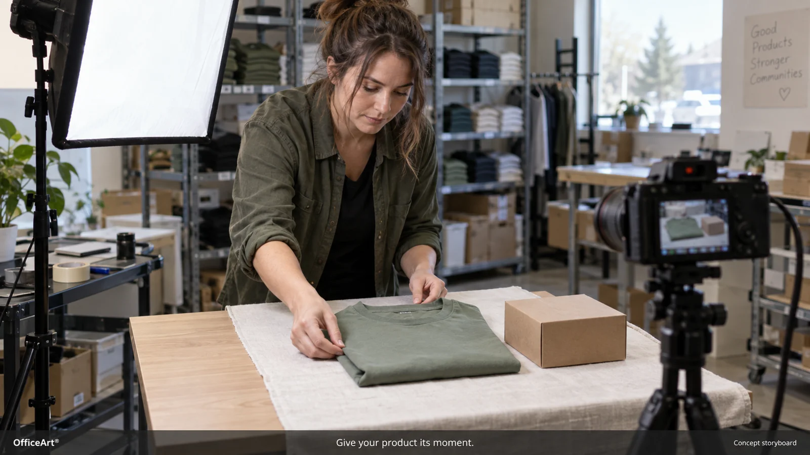 AI-generated concept: A product-video concept showing apparel being arranged for a tabletop shoot