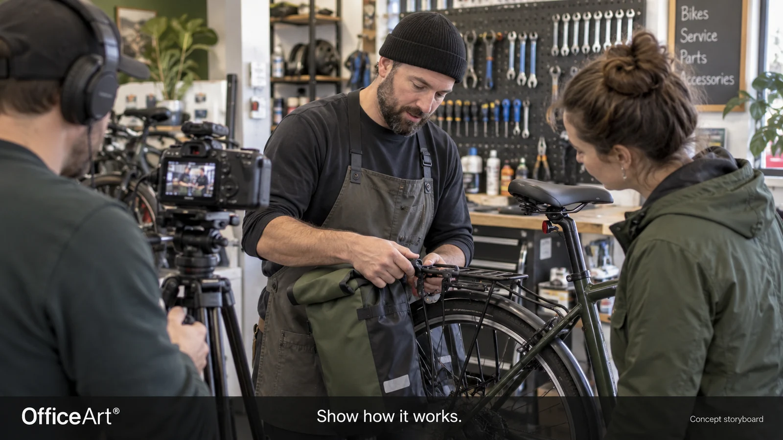Concept storyboard created with AI: a filmmaker records a bicycle mechanic explaining a repair to a customer