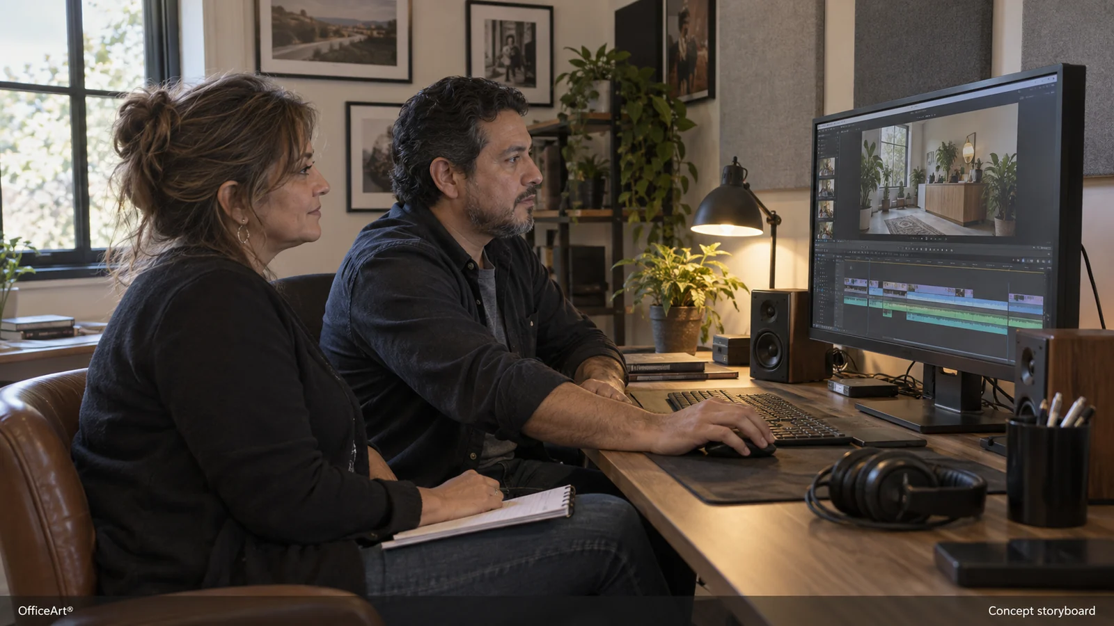 Concept storyboard created with AI: A video editor and business owner review an edit together at a desktop monitor