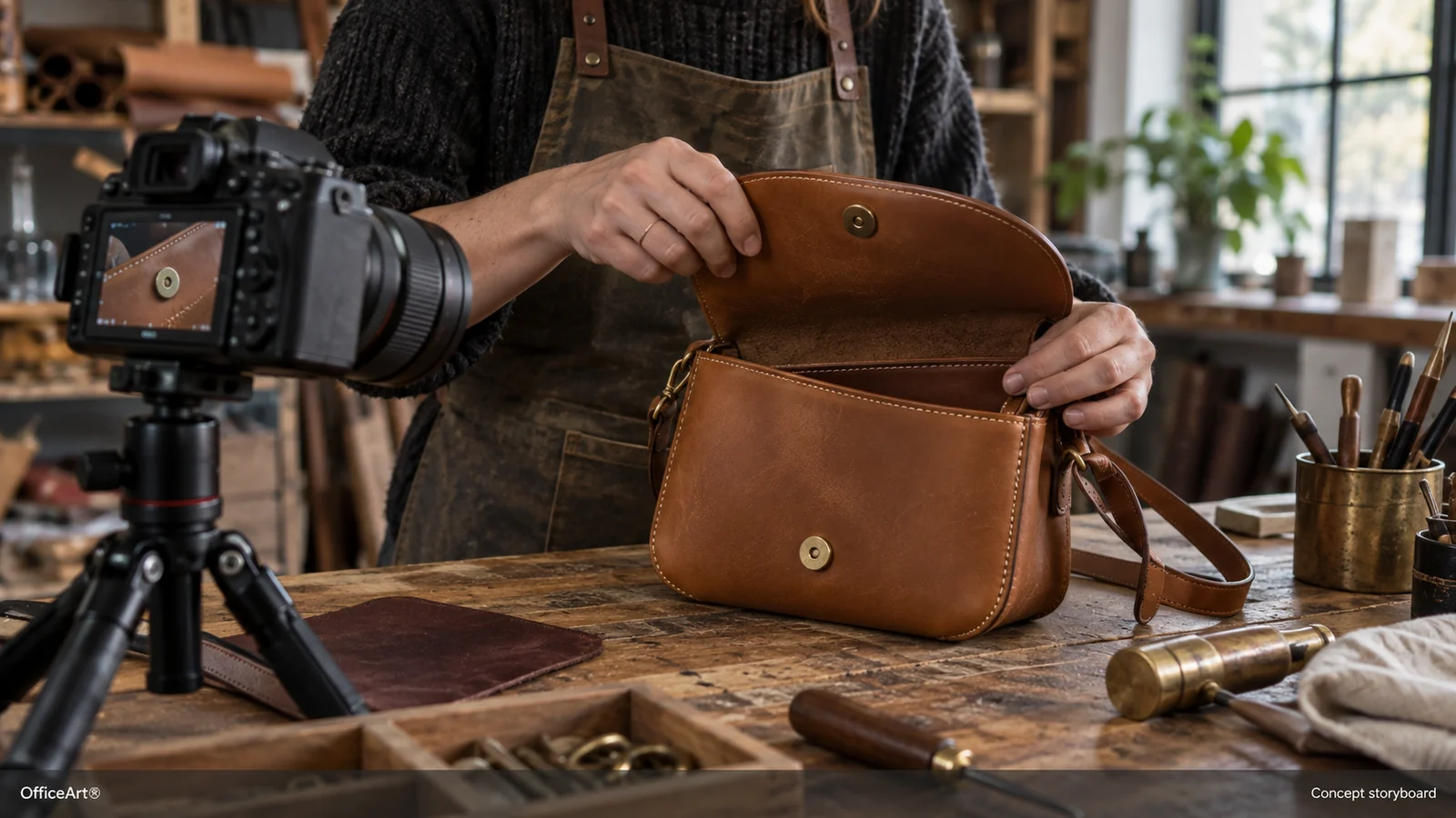 Concept storyboard created with AI: A camera records the stitching and construction of an unbranded leather bag