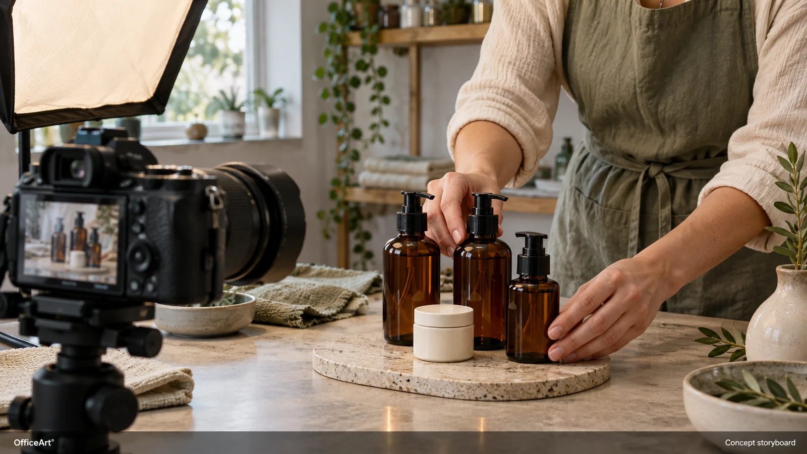 Concept storyboard created with AI: Hands arrange amber skincare bottles for a tabletop product shoot