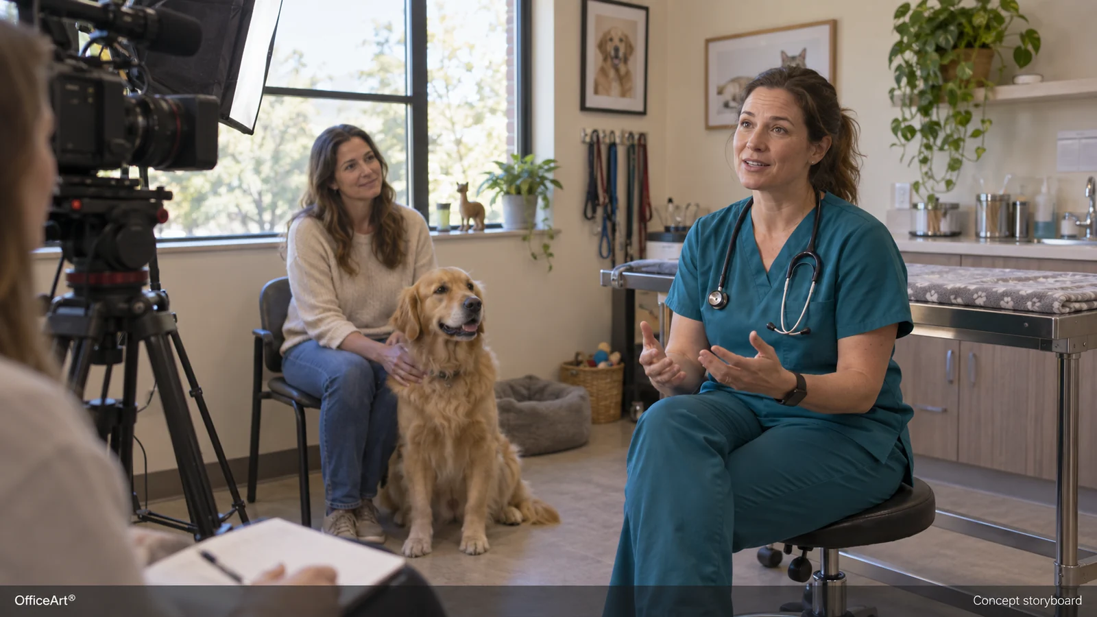Concept storyboard created with AI: A veterinarian speaks on camera in an exam room with a dog and its owner nearby