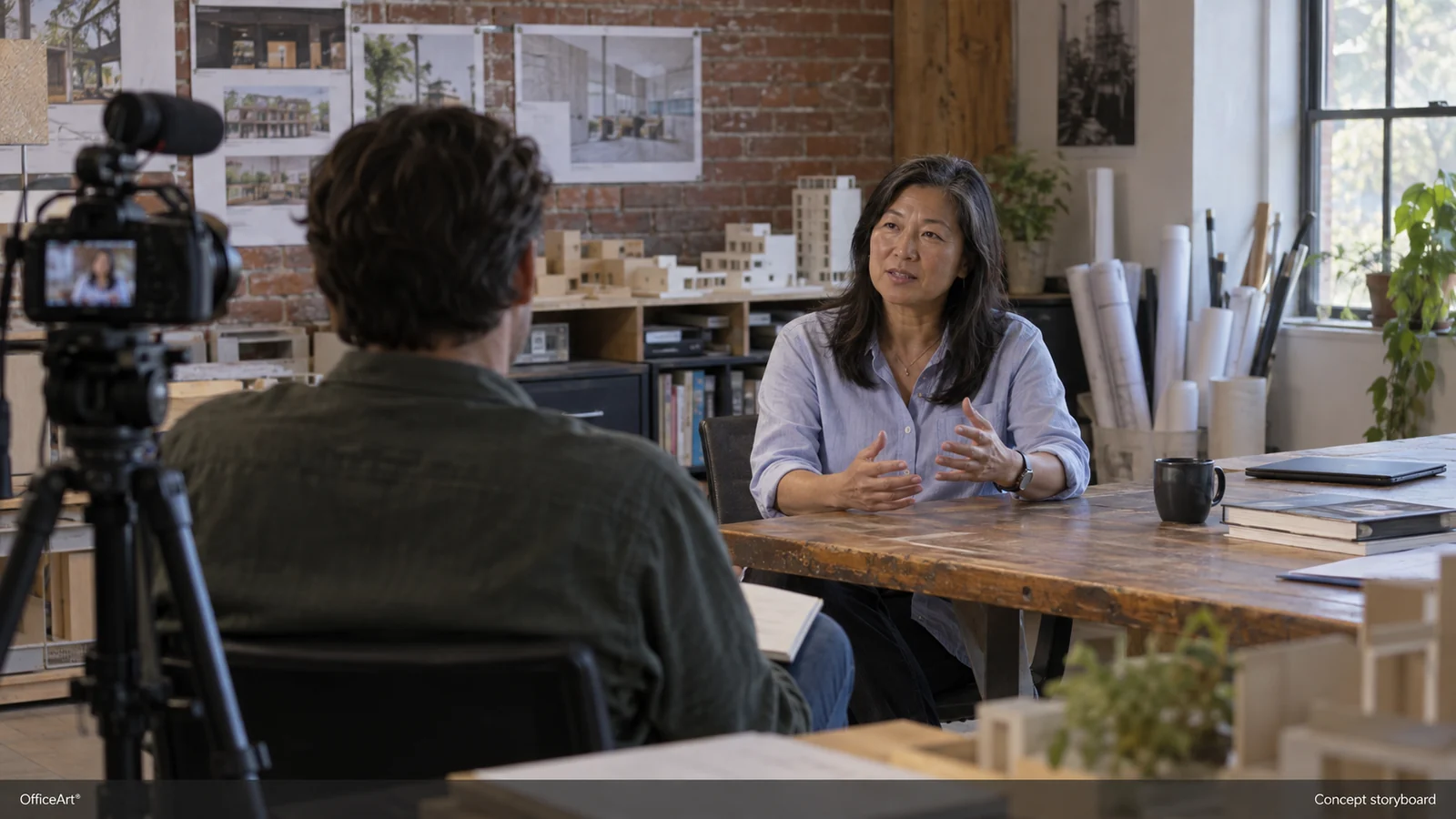 Concept storyboard created with AI: An architect speaks during an interview in a studio with models and drawings