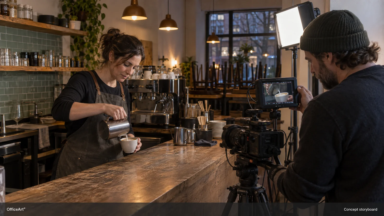 Concept storyboard created with AI: A filmmaker checks a shot while a barista pours milk into a cup