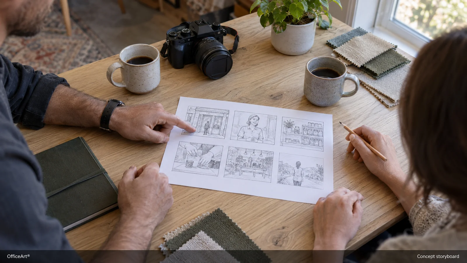 Concept storyboard created with AI: Two people discuss a printed pencil storyboard at a worktable