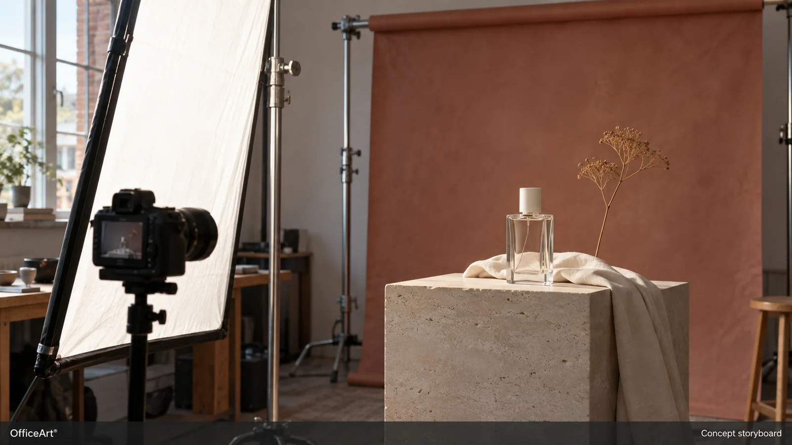 Concept storyboard created with AI: A perfume bottle on a stone pedestal in a small product studio