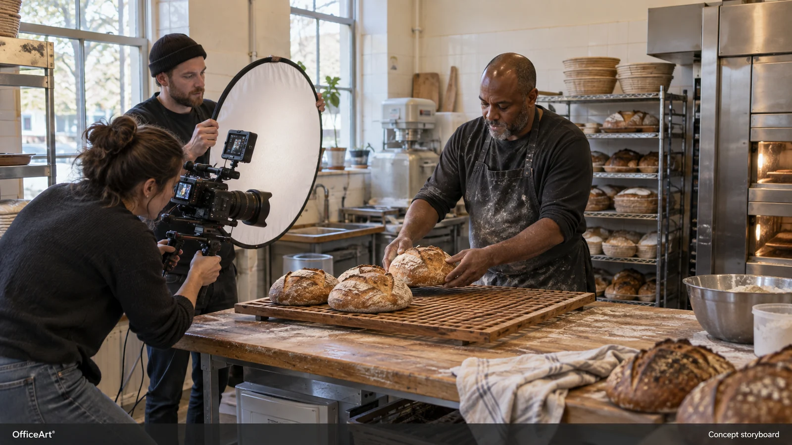Concept storyboard created with AI: A small camera crew films a baker arranging freshly baked bread